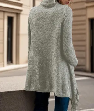 Women's Open Front Knited Tassels Slash Loose Cardigan Crew Neck Speckled Fringe Sweater Outwear