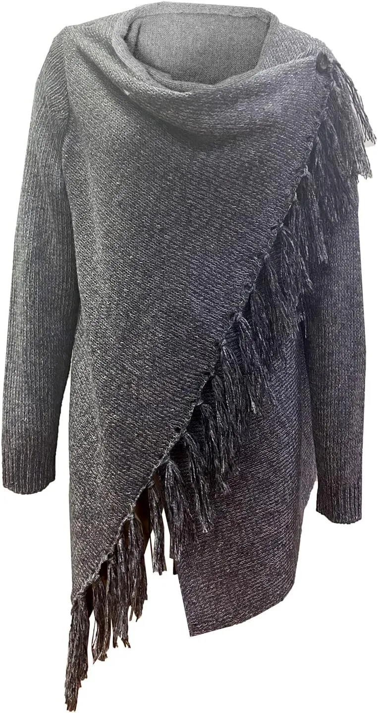 Women's Open Front Knited Tassels Slash Loose Cardigan Crew Neck Speckled Fringe Sweater Outwear