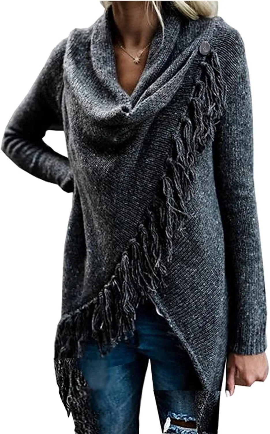 Women's Open Front Knited Tassels Slash Loose Cardigan Crew Neck Speckled Fringe Sweater Outwear