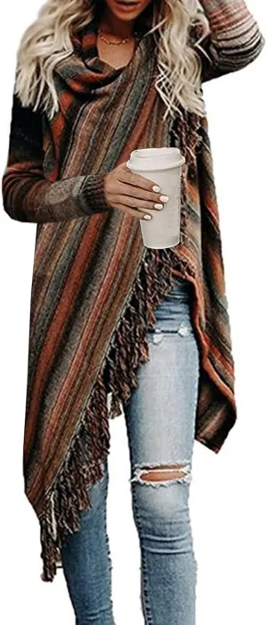 Women's Open Front Knited Tassels Slash Loose Cardigan Crew Neck Speckled Fringe Sweater Outwear