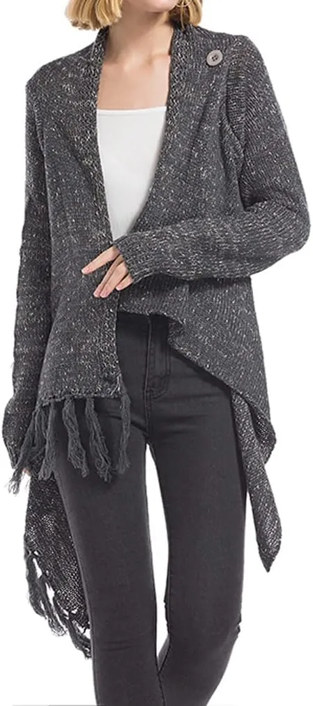 Women's Open Front Knited Tassels Slash Loose Cardigan Crew Neck Speckled Fringe Sweater Outwear
