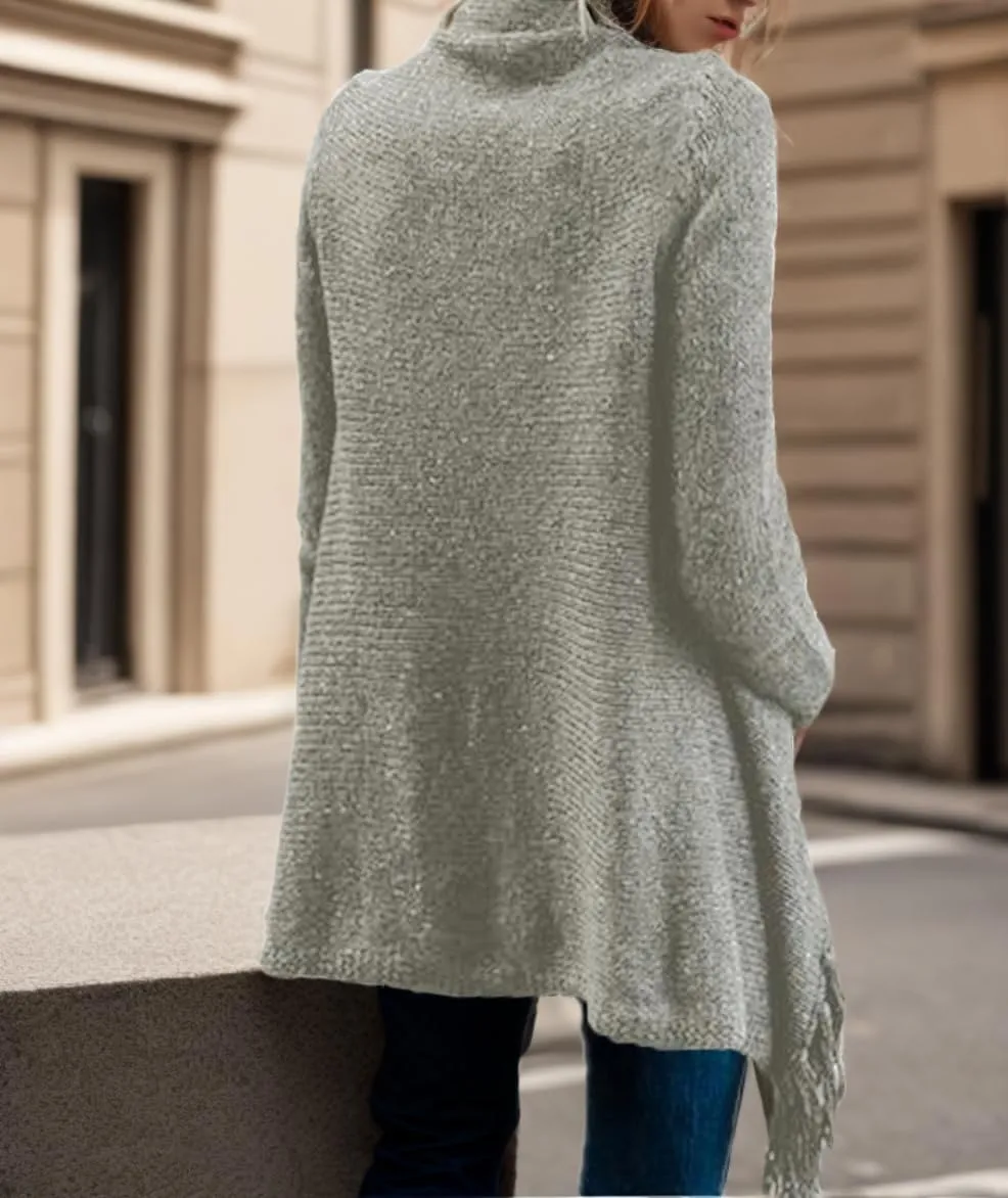 Women's Open Front Knited Tassels Slash Loose Cardigan Crew Neck Speckled Fringe Sweater Outwear