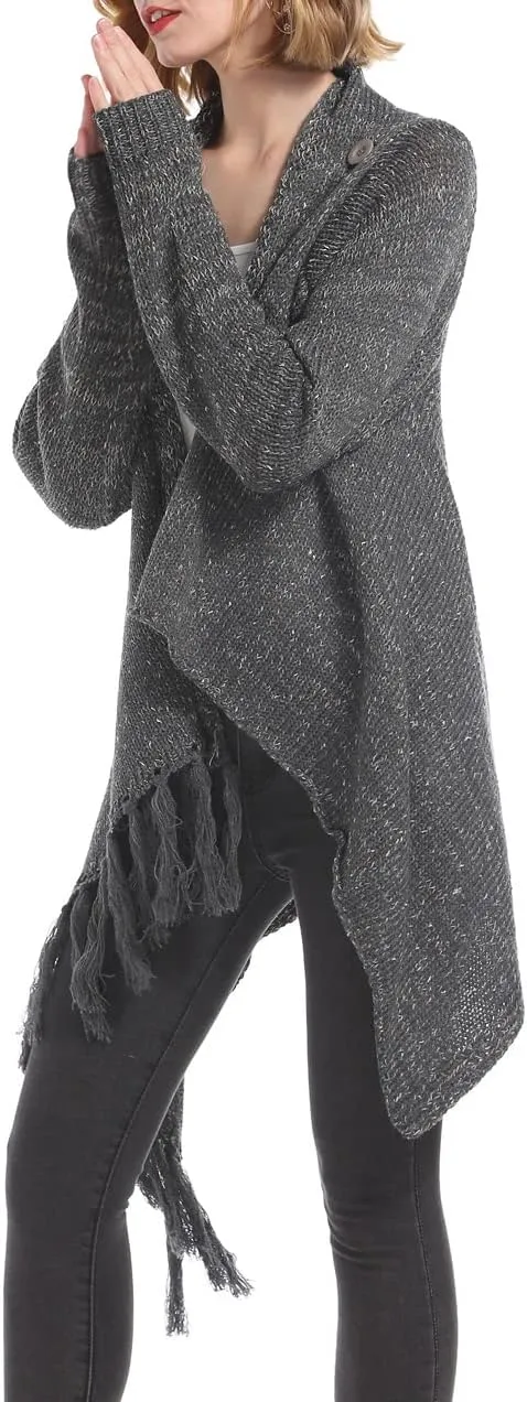 Women's Open Front Knited Tassels Slash Loose Cardigan Crew Neck Speckled Fringe Sweater Outwear