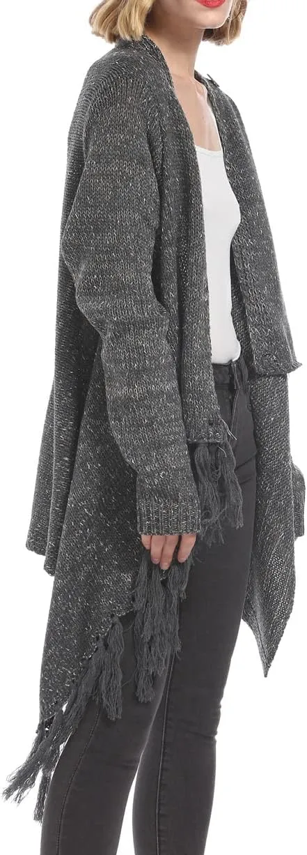 Women's Open Front Knited Tassels Slash Loose Cardigan Crew Neck Speckled Fringe Sweater Outwear