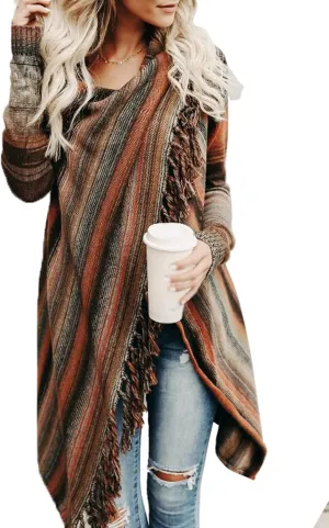 Women's Open Front Knited Tassels Slash Loose Cardigan Crew Neck Speckled Fringe Sweater Outwear