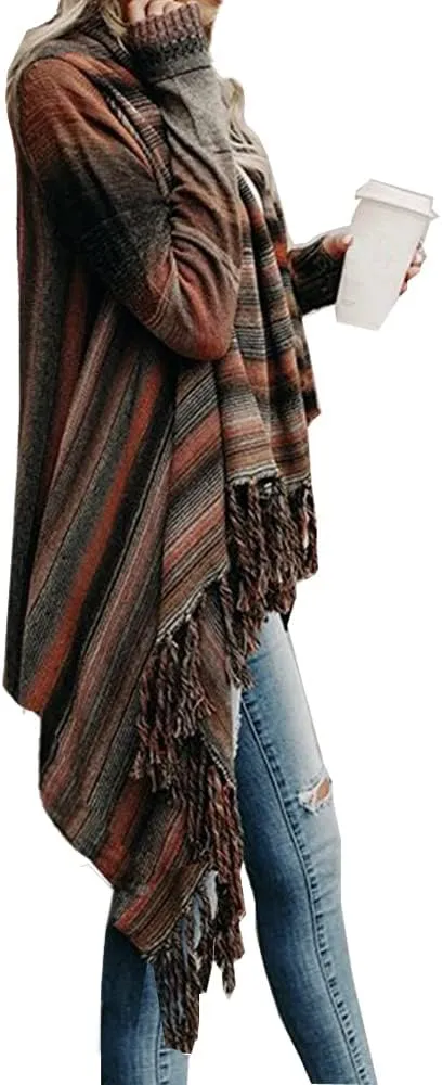 Women's Open Front Knited Tassels Slash Loose Cardigan Crew Neck Speckled Fringe Sweater Outwear
