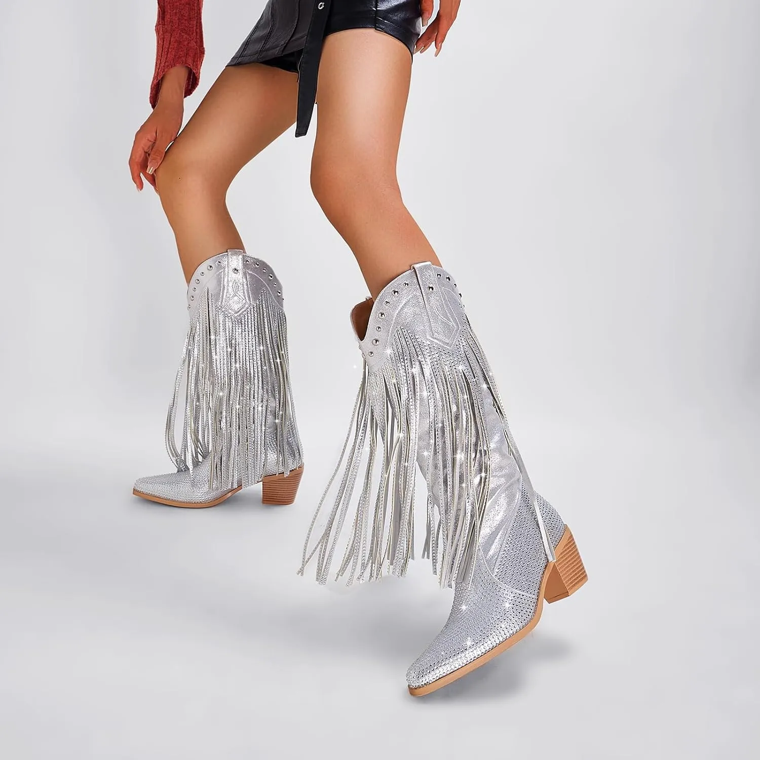 Women's Rhinestone Fringe Cowgirl Boots, Sparkly Western Cowboy Boots Pointed Toe Knee Block Chunky Middle Heel Pull On Mid Calf Boots for Women Girl Party
