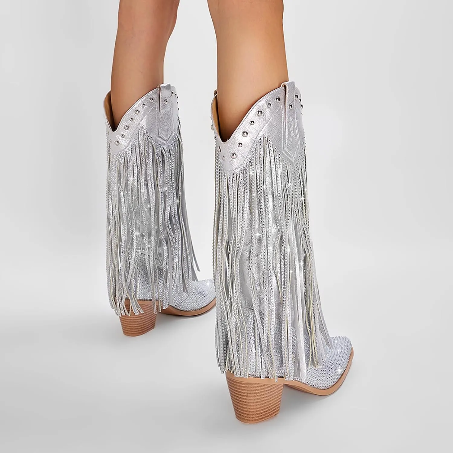 Women's Rhinestone Fringe Cowgirl Boots, Sparkly Western Cowboy Boots Pointed Toe Knee Block Chunky Middle Heel Pull On Mid Calf Boots for Women Girl Party