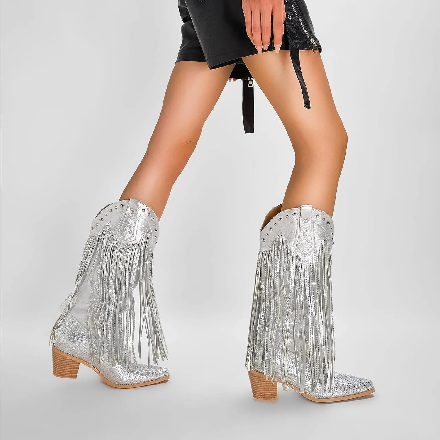 Women's Rhinestone Fringe Cowgirl Boots, Sparkly Western Cowboy Boots Pointed Toe Knee Block Chunky Middle Heel Pull On Mid Calf Boots for Women Girl Party