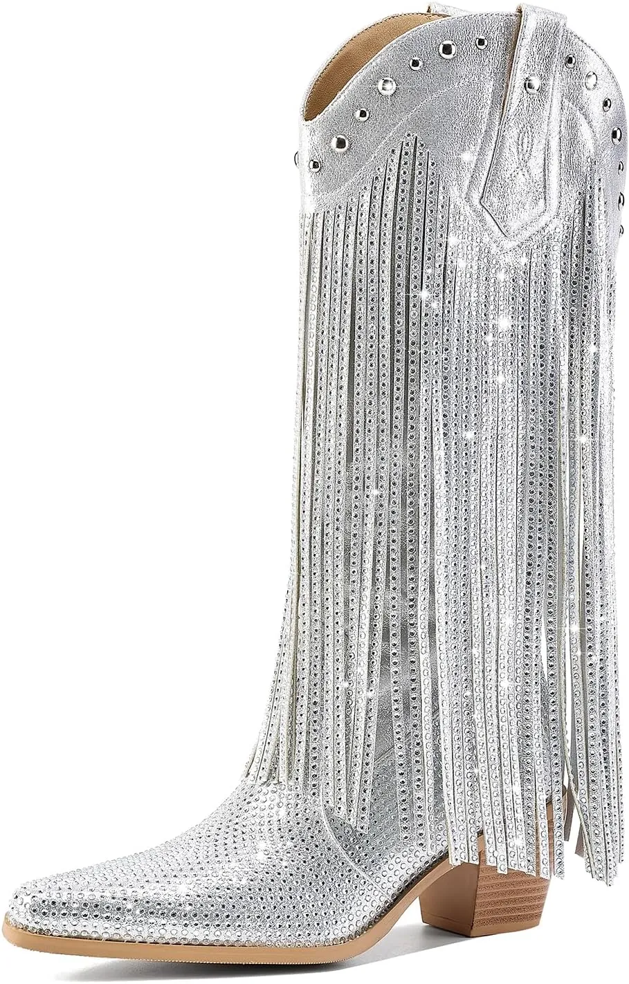 Women's Rhinestone Fringe Cowgirl Boots, Sparkly Western Cowboy Boots Pointed Toe Knee Block Chunky Middle Heel Pull On Mid Calf Boots for Women Girl Party