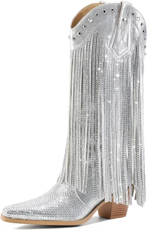 Women's Rhinestone Fringe Cowgirl Boots, Sparkly Western Cowboy Boots Pointed Toe Knee Block Chunky Middle Heel Pull On Mid Calf Boots for Women Girl Party