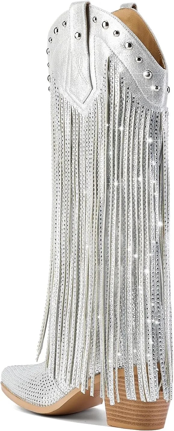 Women's Rhinestone Fringe Cowgirl Boots, Sparkly Western Cowboy Boots Pointed Toe Knee Block Chunky Middle Heel Pull On Mid Calf Boots for Women Girl Party