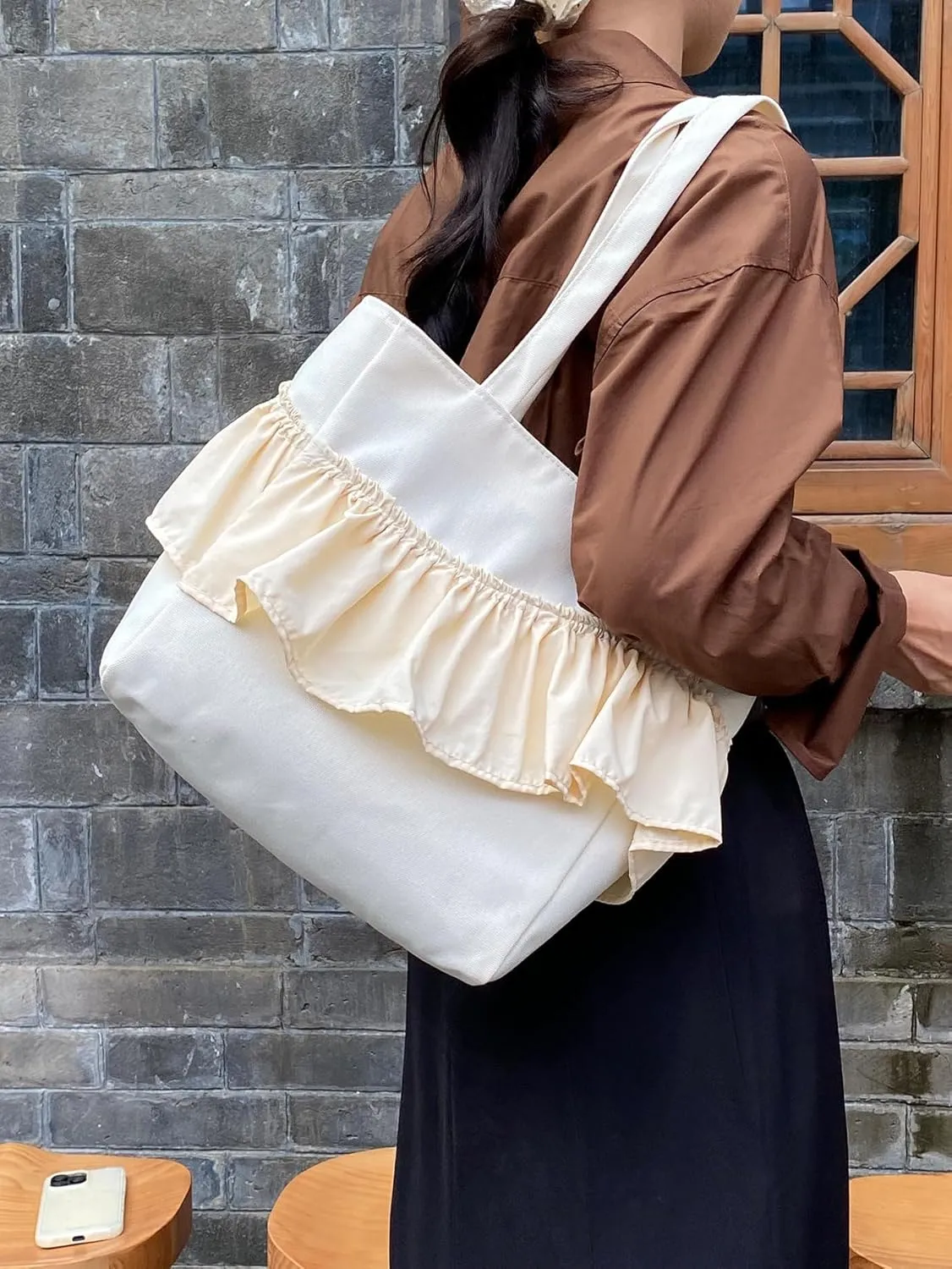 Women's Ruffle Trim Shoulder Bag Double Handle Large Capacity Square Tote Bags Trendy Hobo Purses