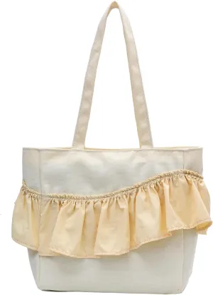 Women's Ruffle Trim Shoulder Bag Double Handle Large Capacity Square Tote Bags Trendy Hobo Purses