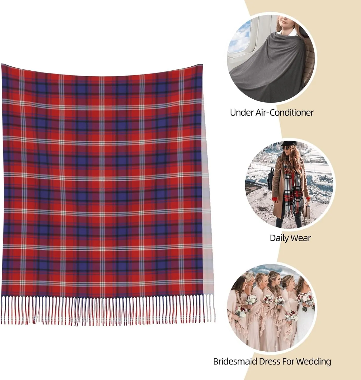 Women's Scarf Shawl, Soft Faux Cashmere Tassel Scarf, Winter Warm Plaid Scarf Gift