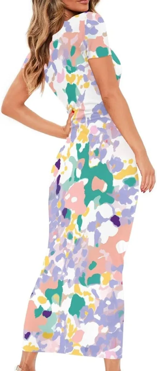 Women's Van Gogh Irises 3D Printed Crewneck Short Sleeve Bodycon Long Dress