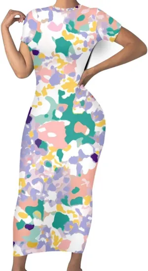 Women's Van Gogh Irises 3D Printed Crewneck Short Sleeve Bodycon Long Dress