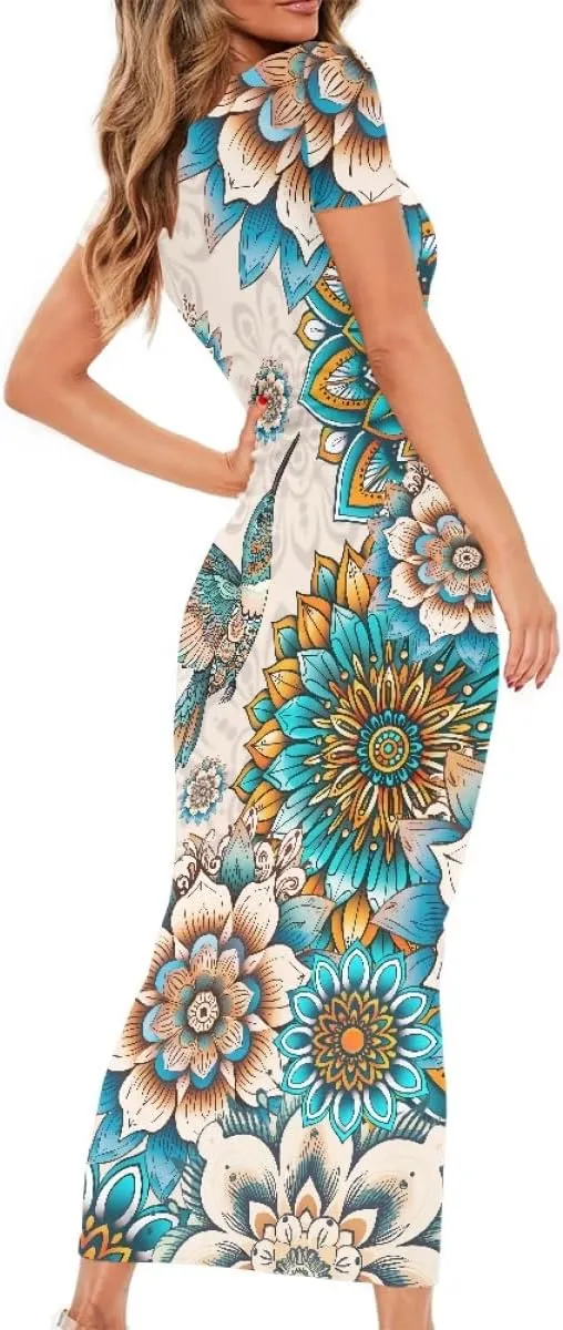 Women's Van Gogh Starry Night 3D Printed Crewneck Short Sleeve Bodycon Long Dress