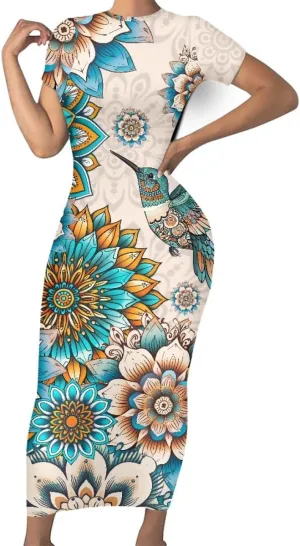 Women's Van Gogh Starry Night 3D Printed Crewneck Short Sleeve Bodycon Long Dress
