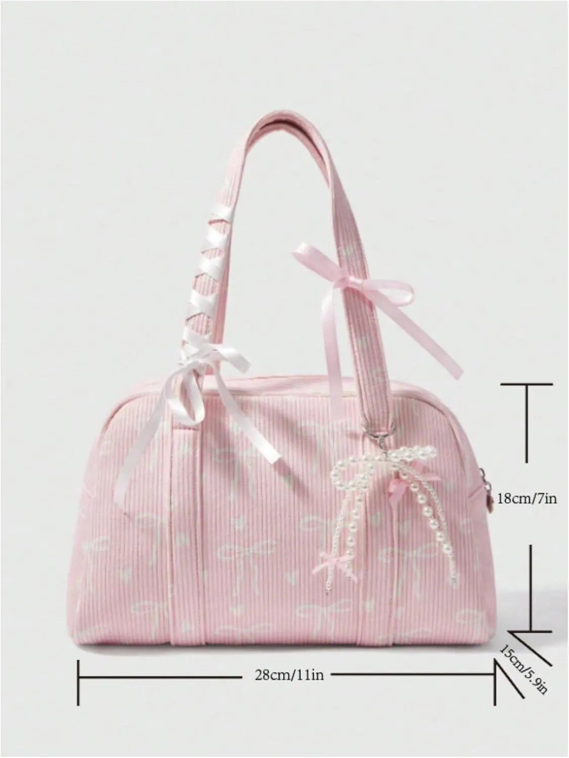 Women's Y2K Corduroy Bow Print Shoulder Bag Heart Zipper Double Handle Underarm Preppy Uniform Bags