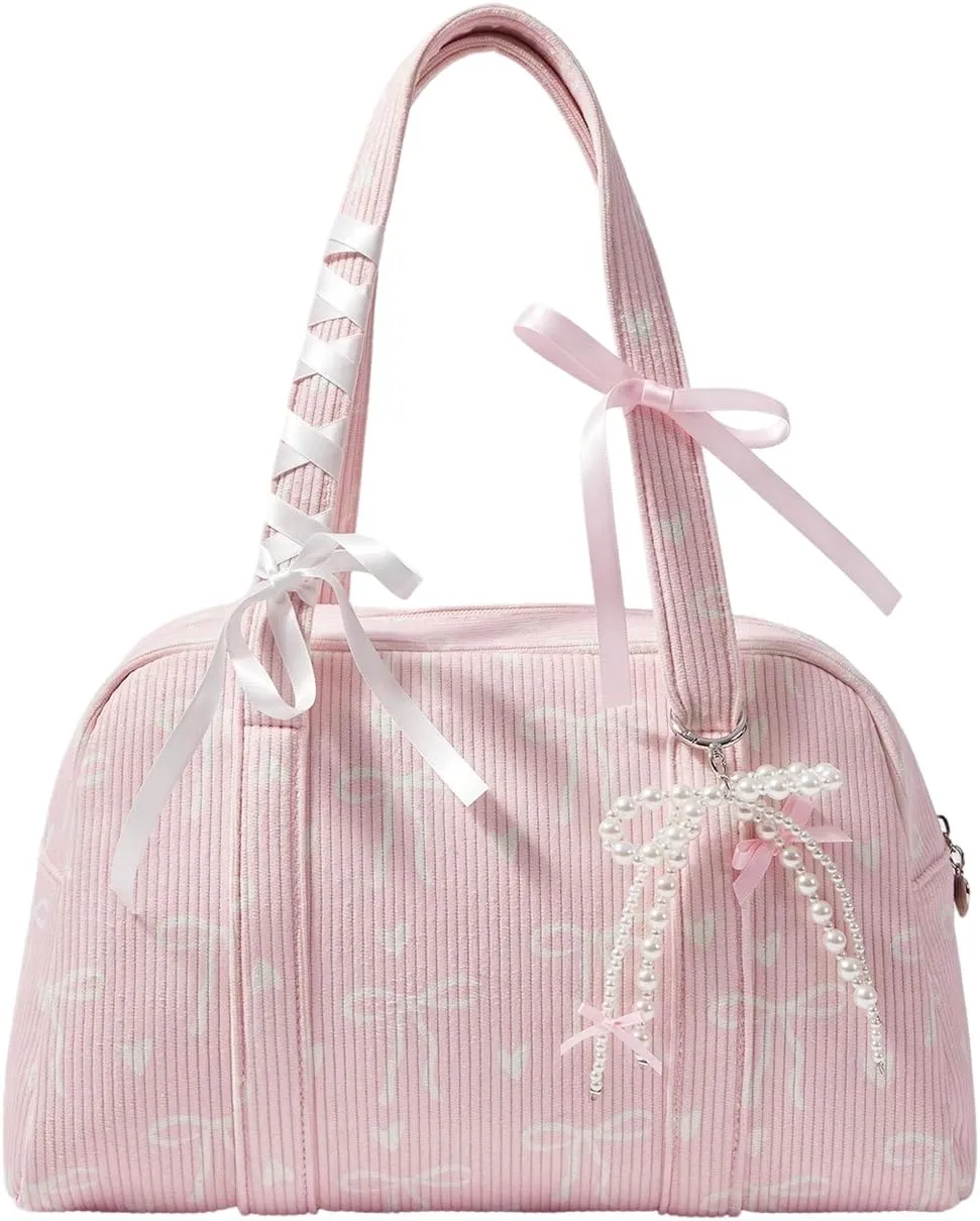 Women's Y2K Corduroy Bow Print Shoulder Bag Heart Zipper Double Handle Underarm Preppy Uniform Bags