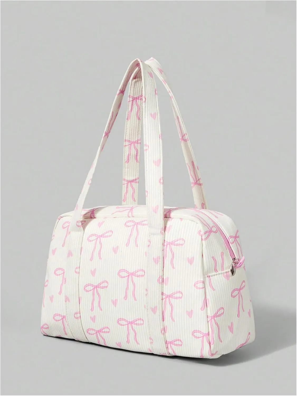 Women's Y2K Corduroy Bow Print Shoulder Bag Heart Zipper Double Handle Underarm Preppy Uniform Bags
