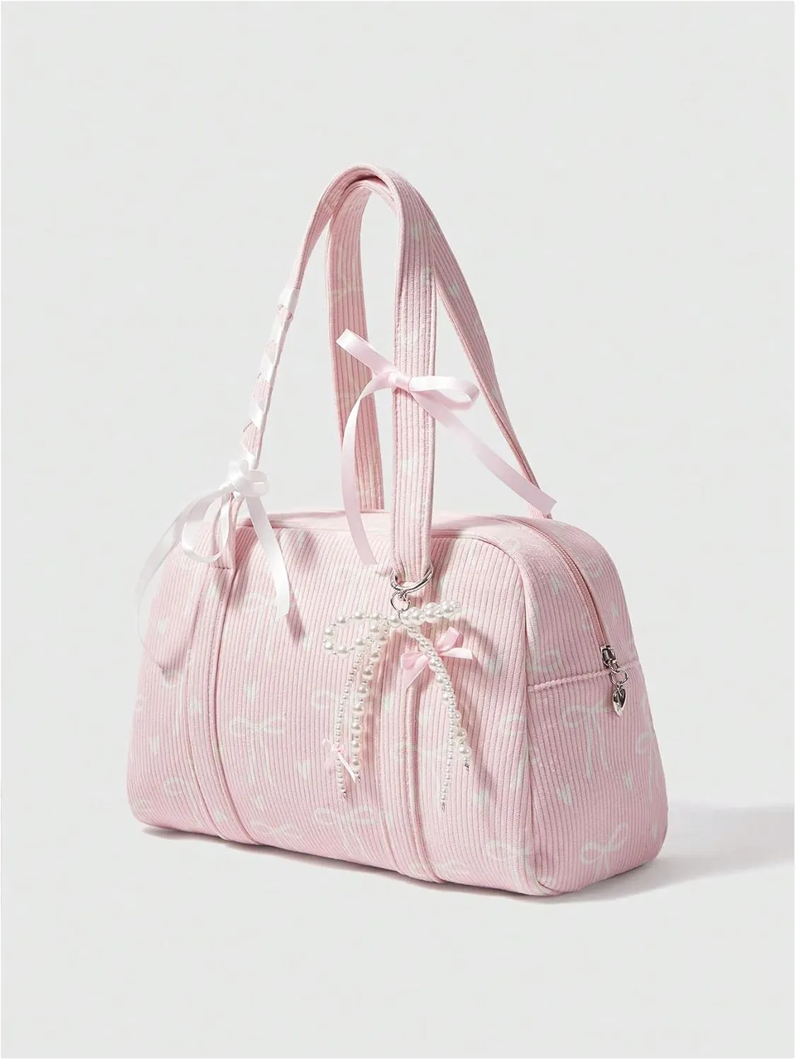 Women's Y2K Corduroy Bow Print Shoulder Bag Heart Zipper Double Handle Underarm Preppy Uniform Bags