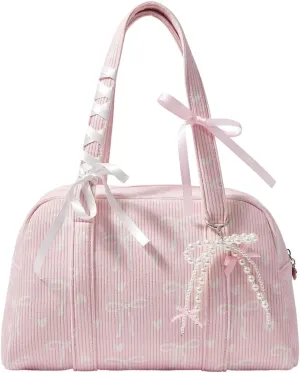 Women's Y2K Corduroy Bow Print Shoulder Bag Heart Zipper Double Handle Underarm Preppy Uniform Bags