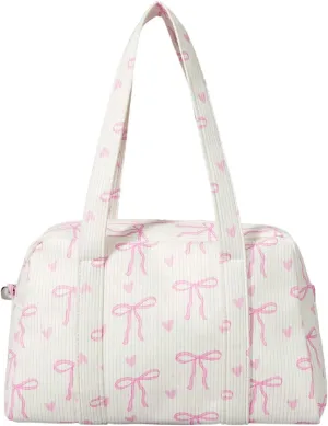 Women's Y2K Corduroy Bow Print Shoulder Bag Heart Zipper Double Handle Underarm Preppy Uniform Bags