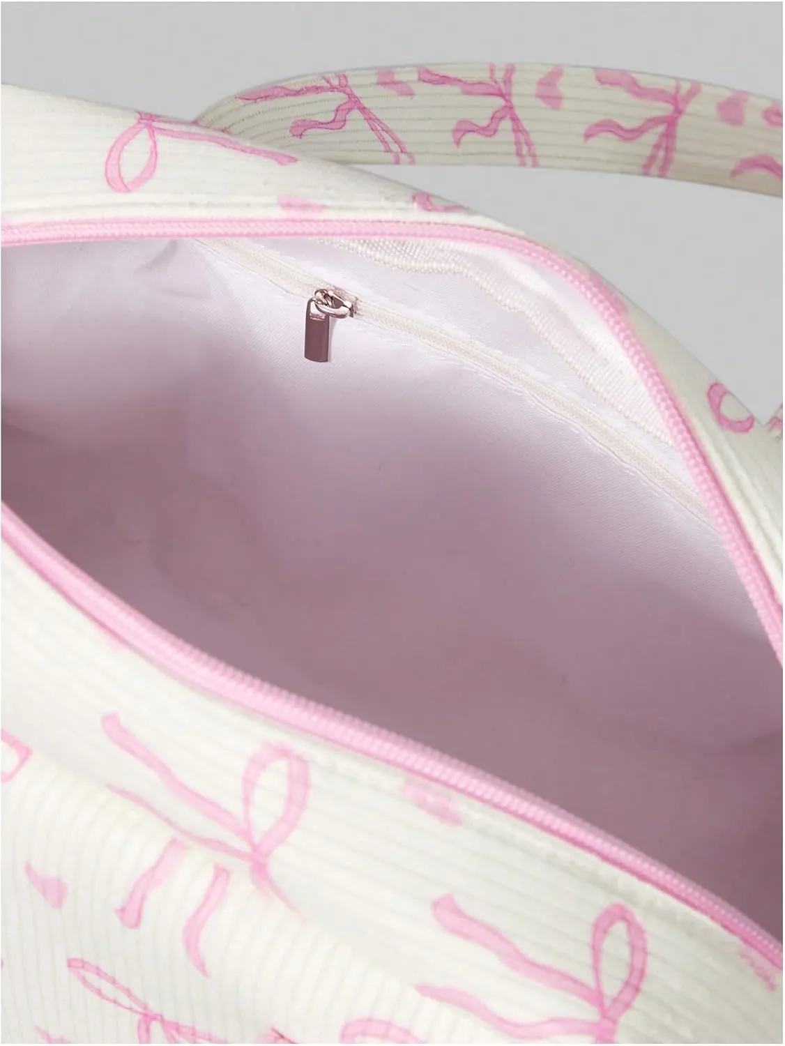 Women's Y2K Corduroy Bow Print Shoulder Bag Heart Zipper Double Handle Underarm Preppy Uniform Bags
