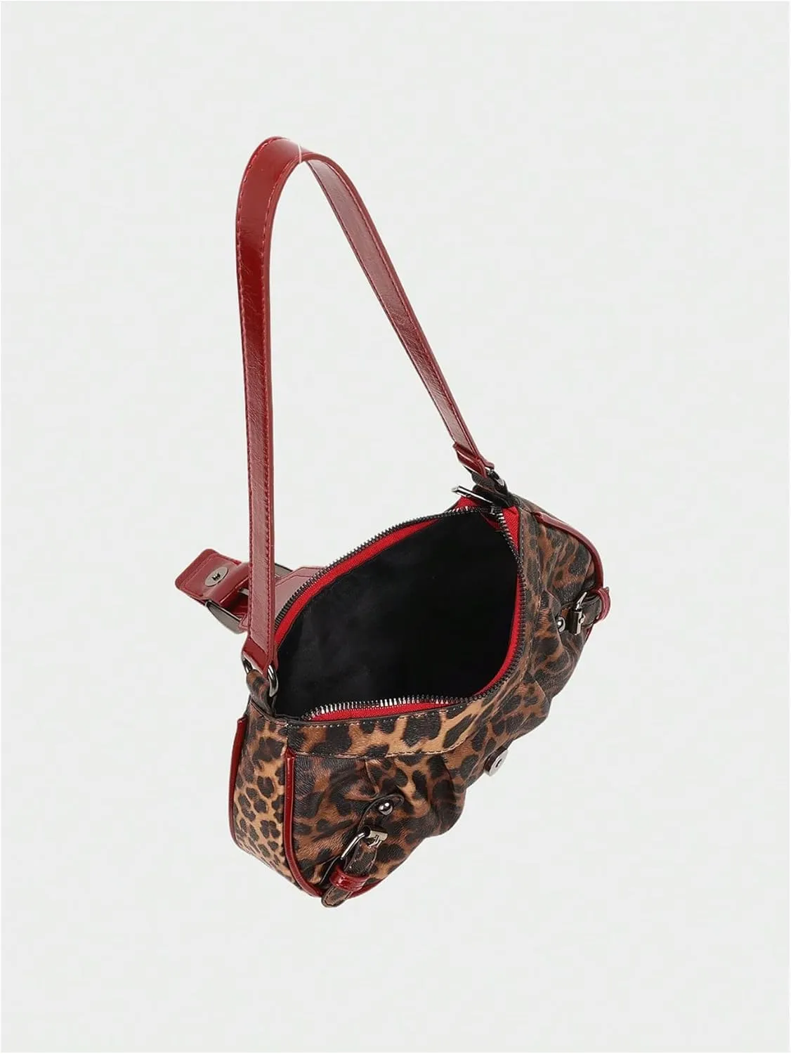 Women's Y2K Leopard Heart Hollow Shoulder Handbag Top Handle Zipper Buckle Underarm Bags Mini Purse