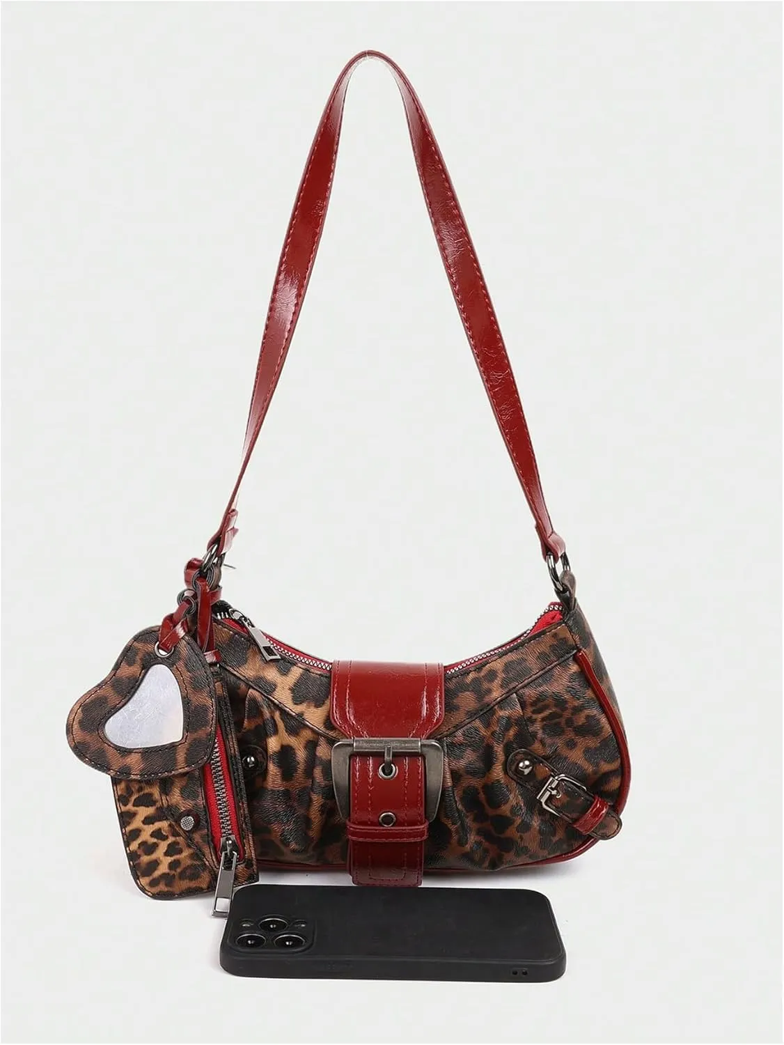 Women's Y2K Leopard Heart Hollow Shoulder Handbag Top Handle Zipper Buckle Underarm Bags Mini Purse