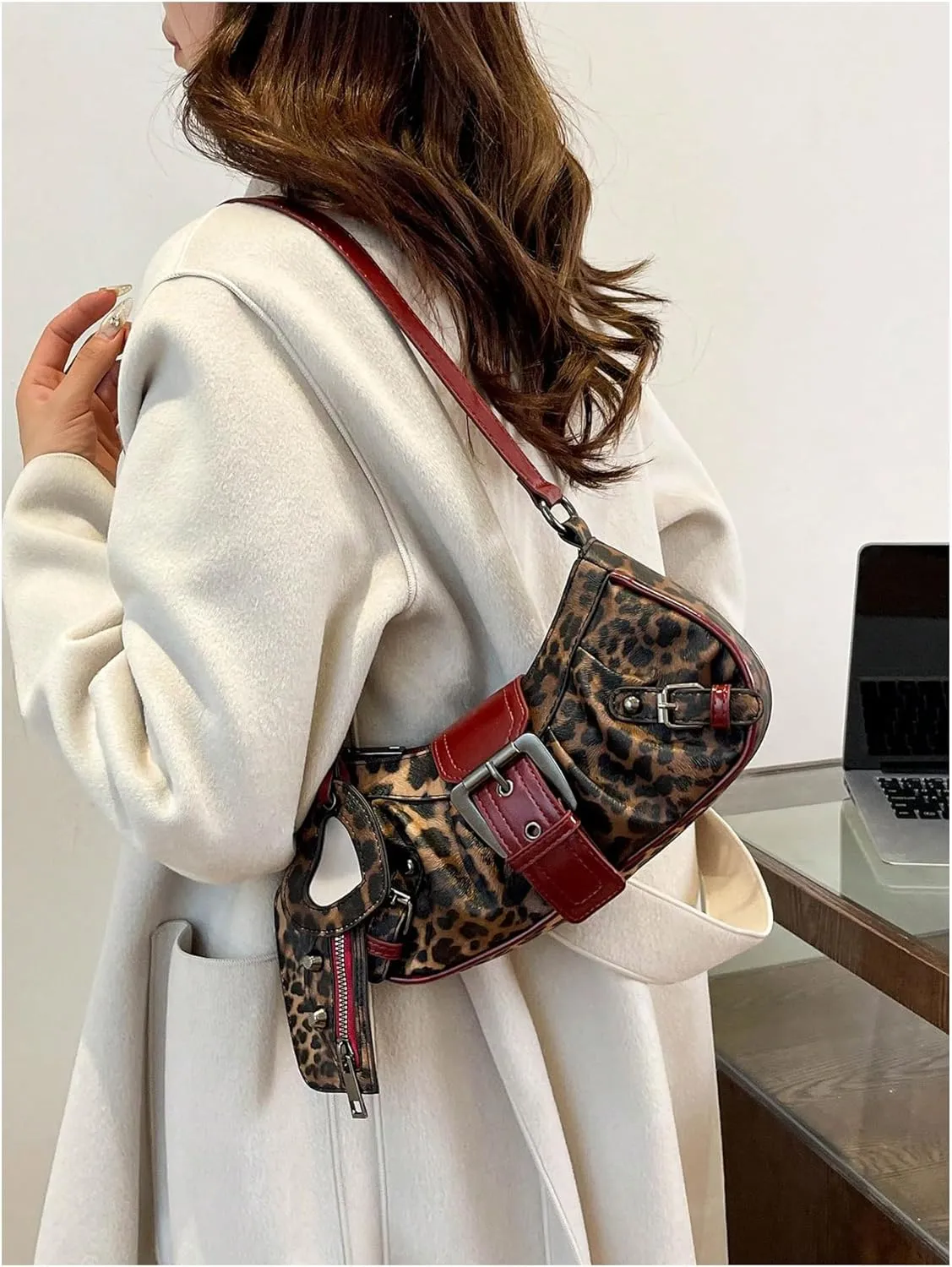 Women's Y2K Leopard Heart Hollow Shoulder Handbag Top Handle Zipper Buckle Underarm Bags Mini Purse