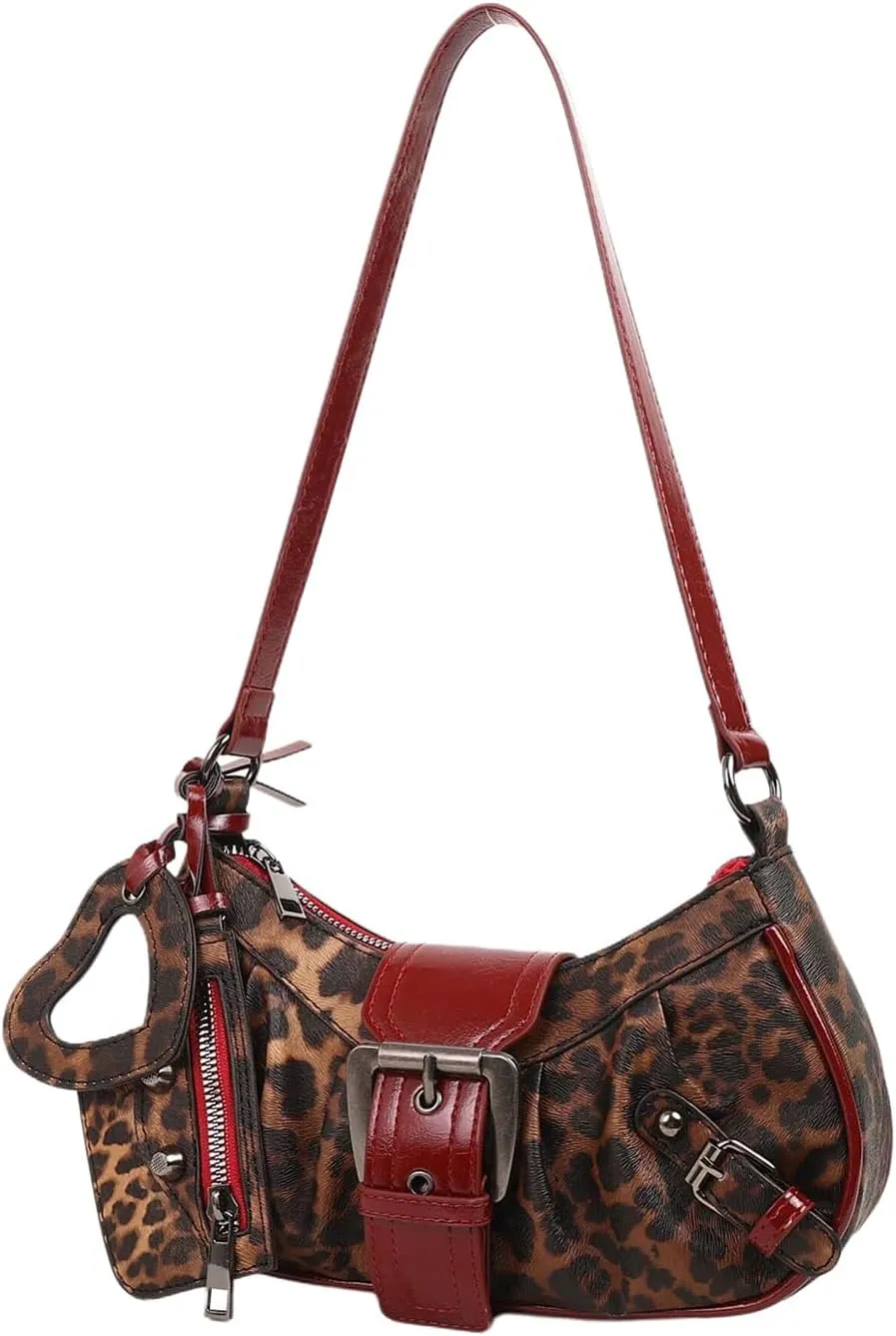 Women's Y2K Leopard Heart Hollow Shoulder Handbag Top Handle Zipper Buckle Underarm Bags Mini Purse