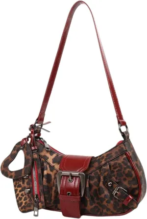 Women's Y2K Leopard Heart Hollow Shoulder Handbag Top Handle Zipper Buckle Underarm Bags Mini Purse