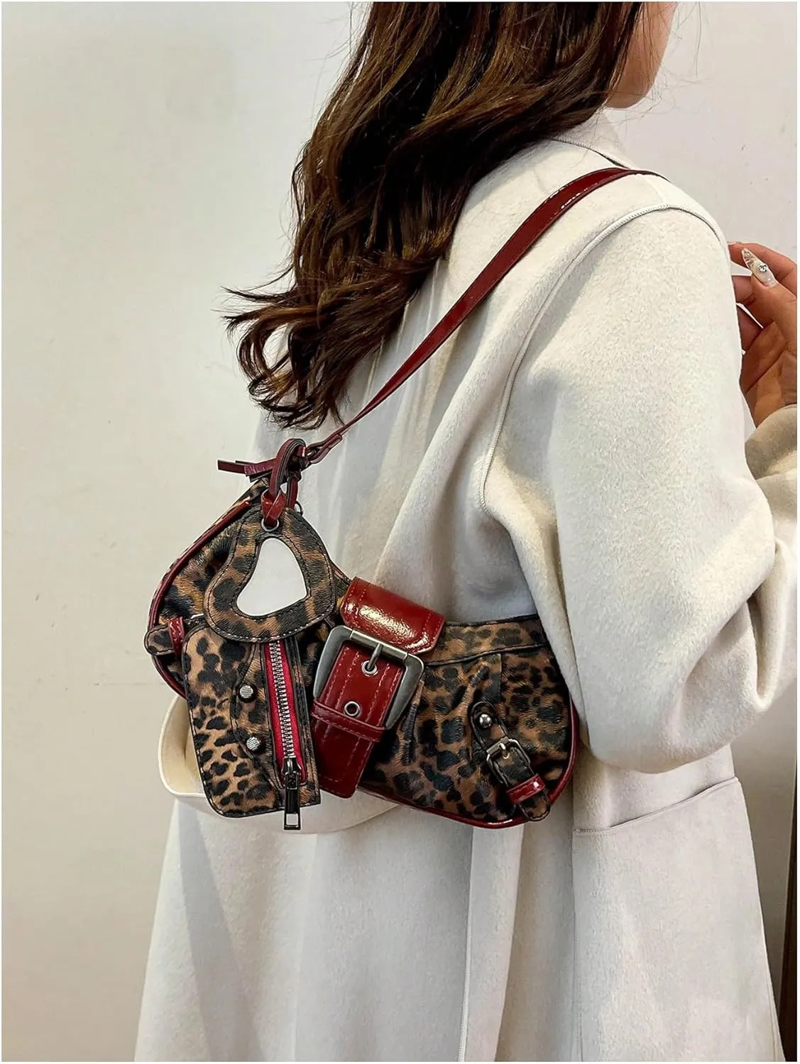 Women's Y2K Leopard Heart Hollow Shoulder Handbag Top Handle Zipper Buckle Underarm Bags Mini Purse