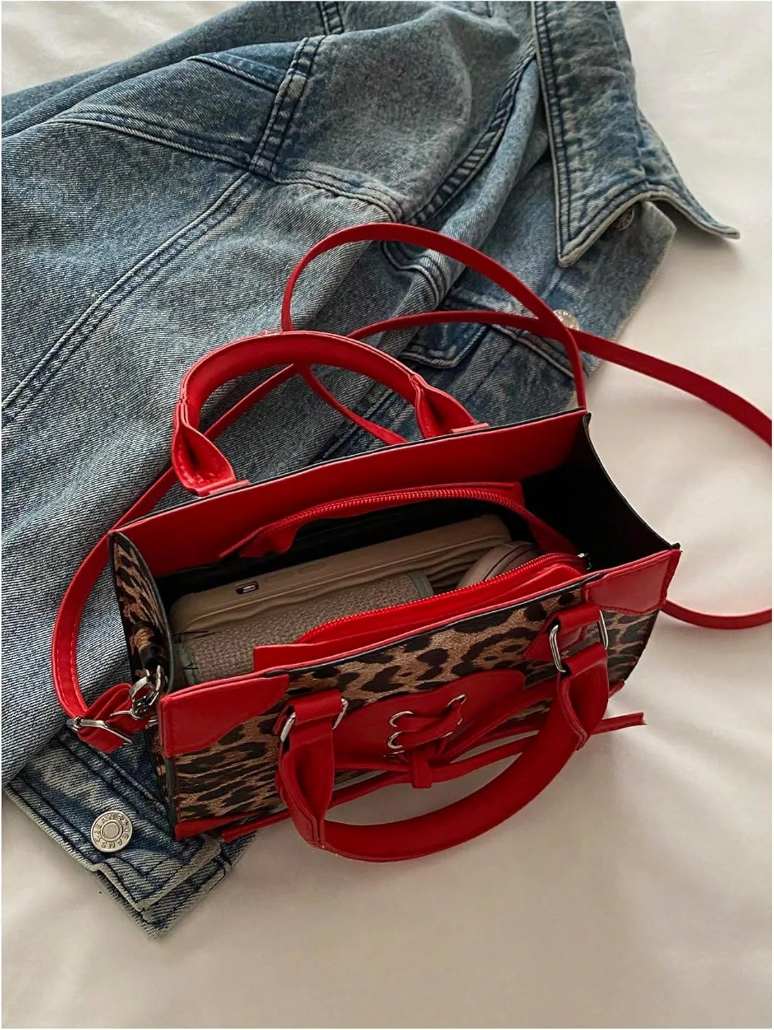 Women's Y2K Leopard Print Lace Up Satchel Handbag Zipper Double Handle Mini Shoulder Bag
