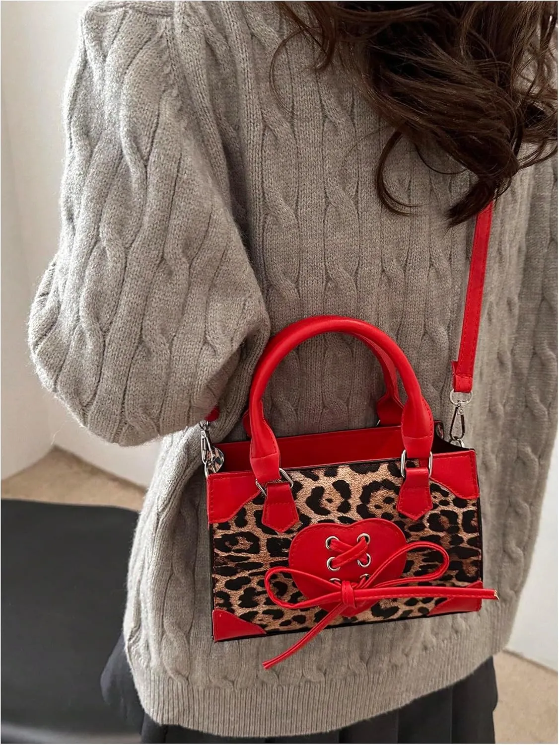 Women's Y2K Leopard Print Lace Up Satchel Handbag Zipper Double Handle Mini Shoulder Bag