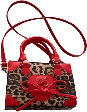 Women's Y2K Leopard Print Lace Up Satchel Handbag Zipper Double Handle Mini Shoulder Bag