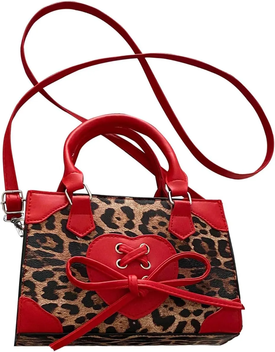 Women's Y2K Leopard Print Lace Up Satchel Handbag Zipper Double Handle Mini Shoulder Bag