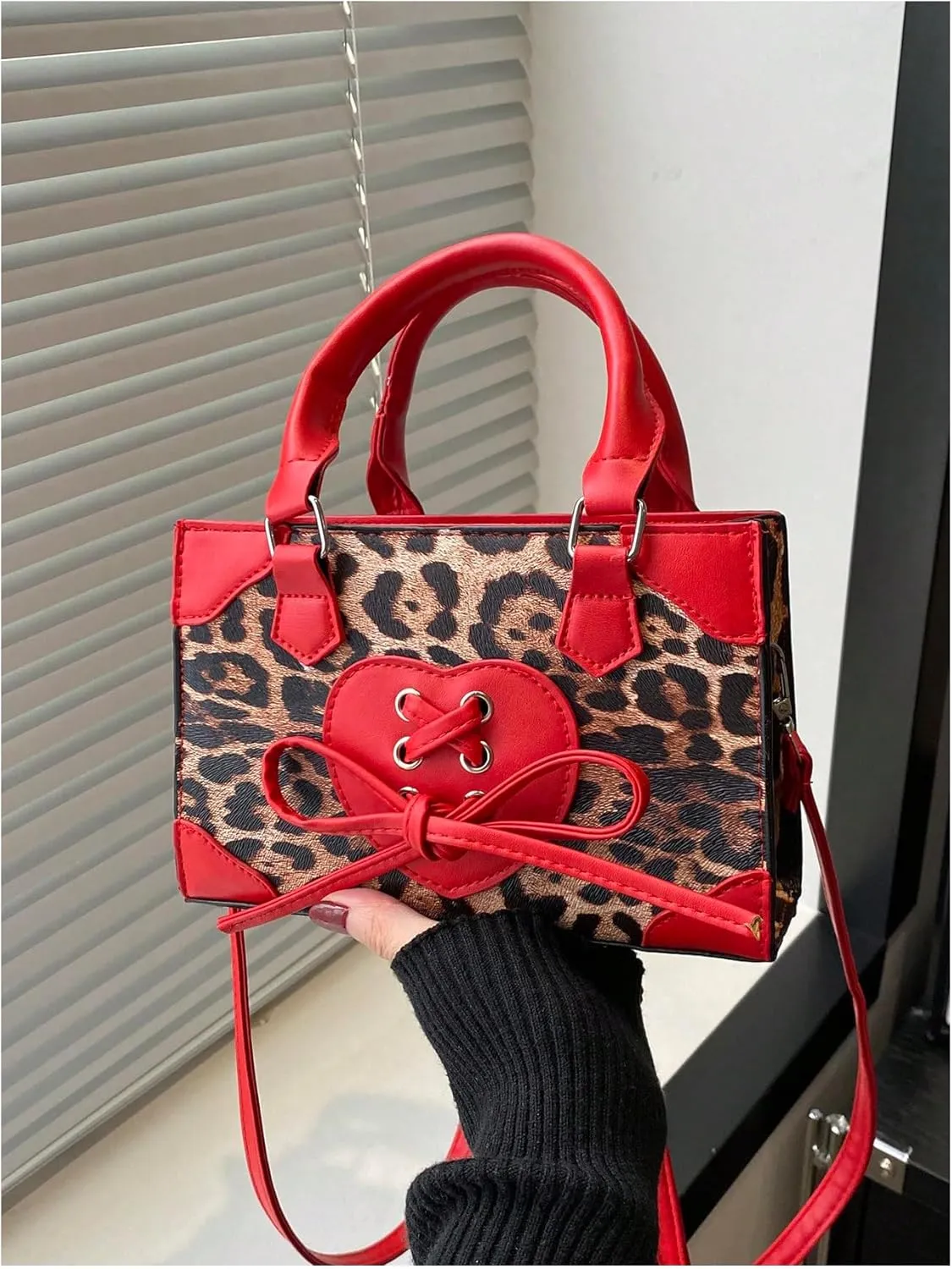 Women's Y2K Leopard Print Lace Up Satchel Handbag Zipper Double Handle Mini Shoulder Bag