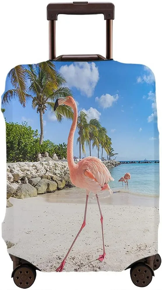 WONDERTIFY Flamingo Suitcase Cover Three Pink Flamingos On The Beach Aruba Island Travel Elastic Protective Washable Suitcase Protector Fits 25 To 28 Inch