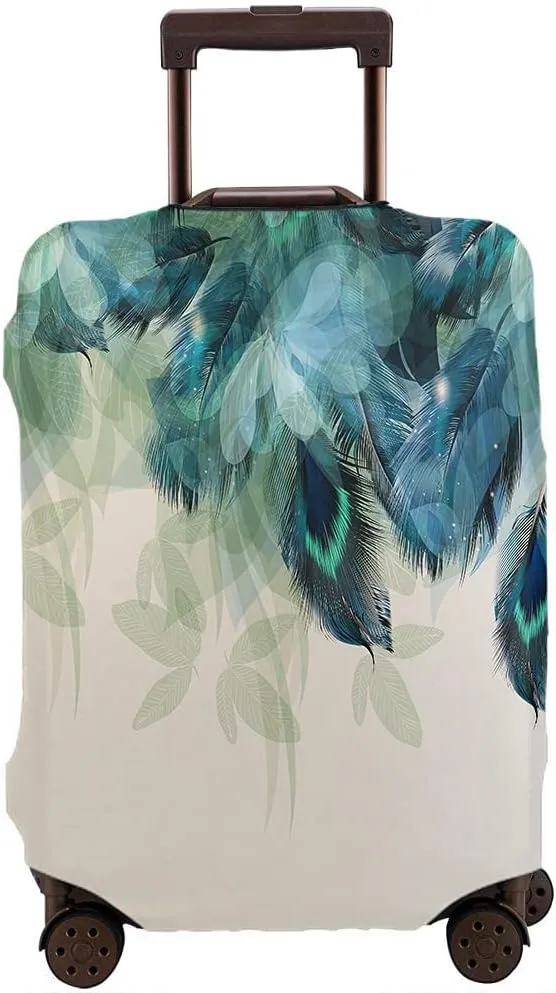 WONDERTIFY Floral Travel Suitcase Protector Realistic Peacock Feathers Blue Shiny Foliage Washable Elastic Luggage Cover With Concealed Zipper Fits 18-21 Inch