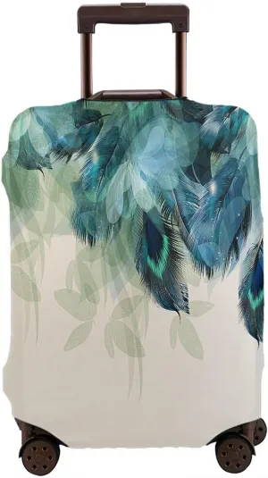 WONDERTIFY Floral Travel Suitcase Protector Realistic Peacock Feathers Blue Shiny Foliage Washable Elastic Luggage Cover With Concealed Zipper Fits 18-21 Inch
