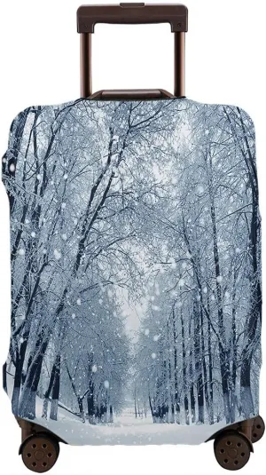 Wondertify Snowstorm Park Travel Suitcase Protector Winter Snow Landscape Washable Elastic Luggage Cover With Concealed Zipper Fits 18-21 Inch White Blue