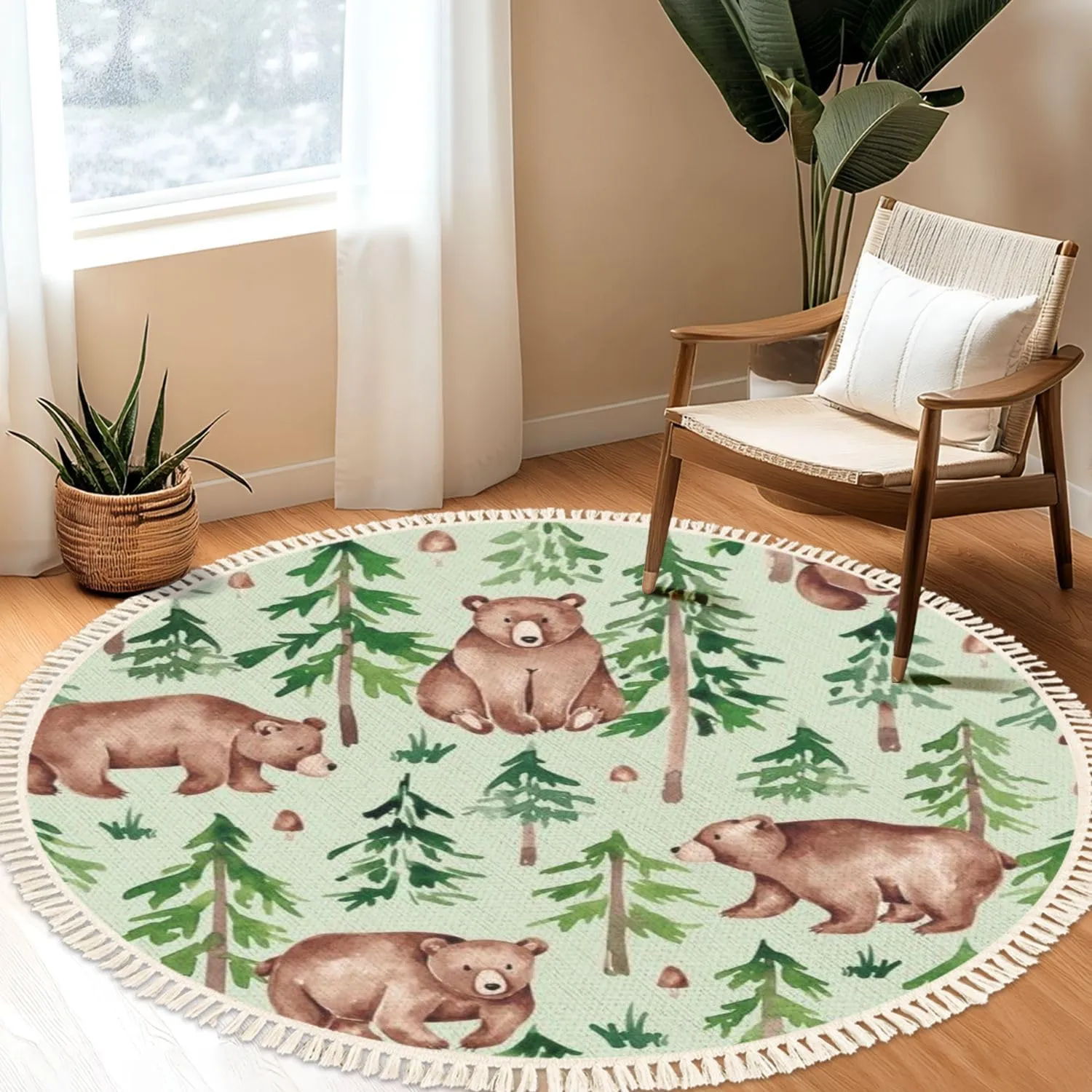 Woodland Animal Rug Round Rugs Forest Seamless Pattern Hand Drawn Watercolor Boho Area Rug Linen and Cotton Carpet Meditation Rug Washable Hallway Runner Mat Accent Rug for Bedroom Nursery 4ft
