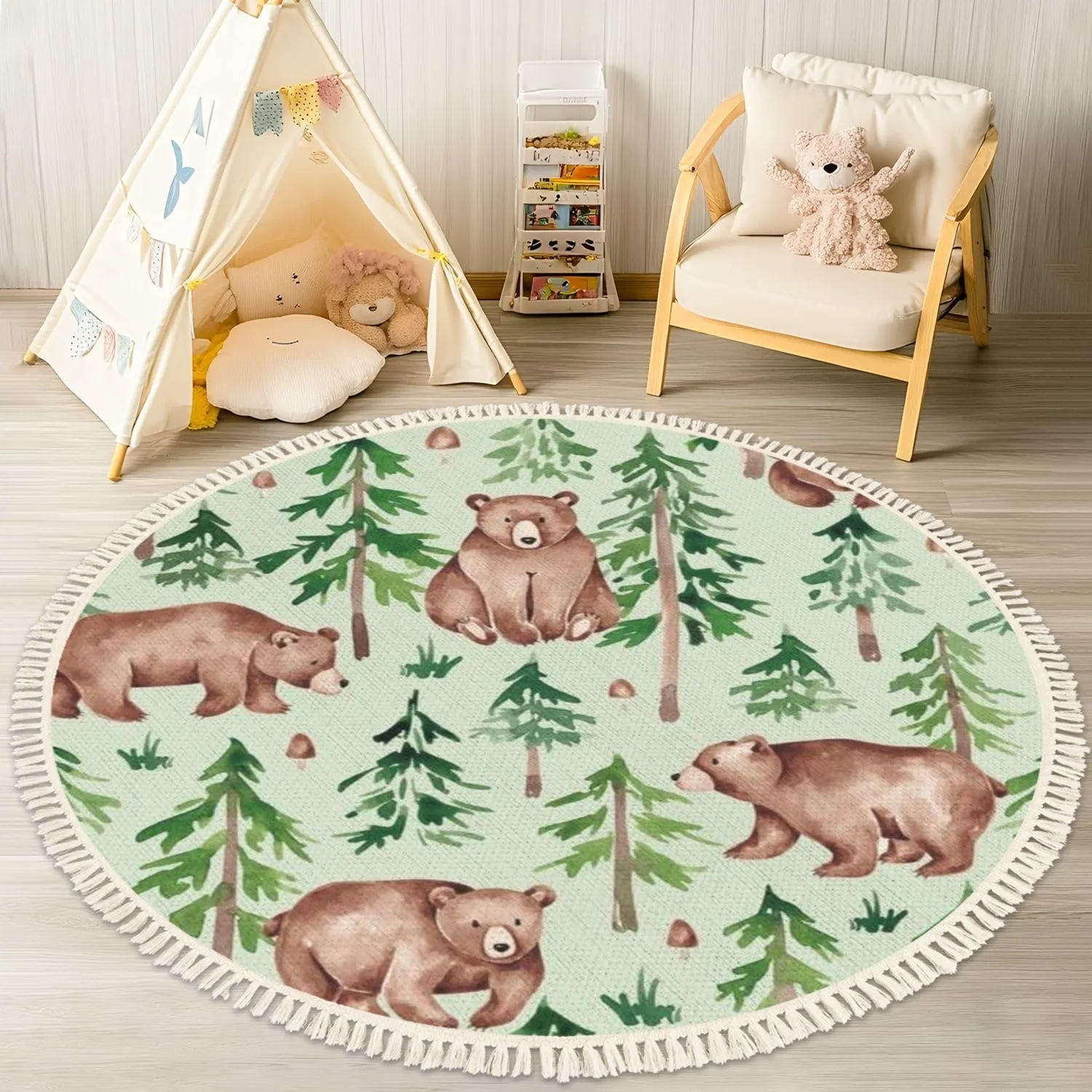 Woodland Animal Rug Round Rugs Forest Seamless Pattern Hand Drawn Watercolor Boho Area Rug Linen and Cotton Carpet Meditation Rug Washable Hallway Runner Mat Accent Rug for Bedroom Nursery 4ft