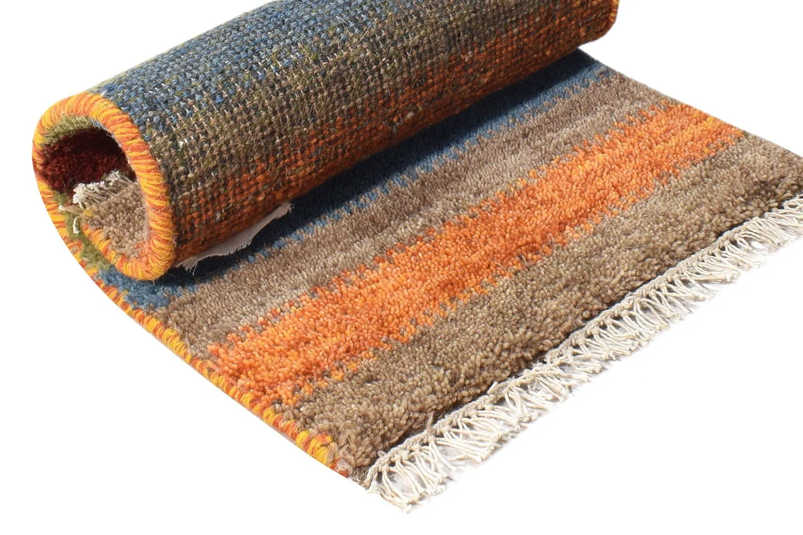 Wool Multi Color Rug 1X2 Southwestern Hand Knotted Gabbeh Striped Small Carpet