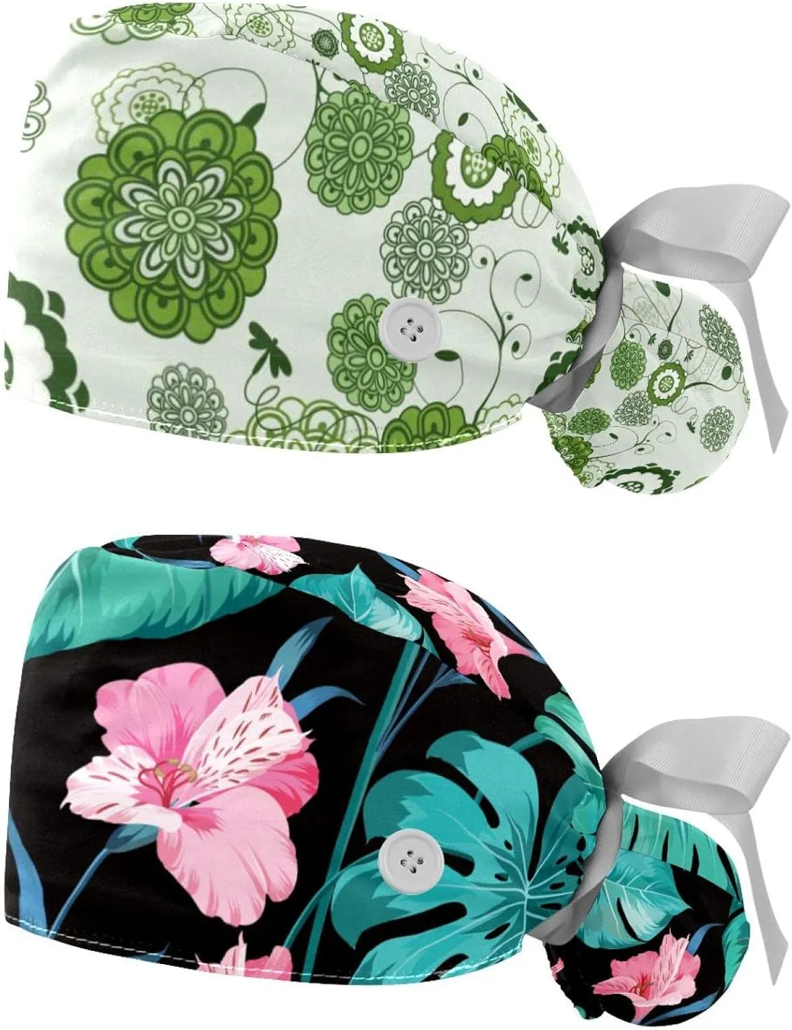 Working Hat with Buttons & Ribbon Ties for Women 2 Packs, White Lily Floral Adjustable Unisex Surgical Scrub Caps