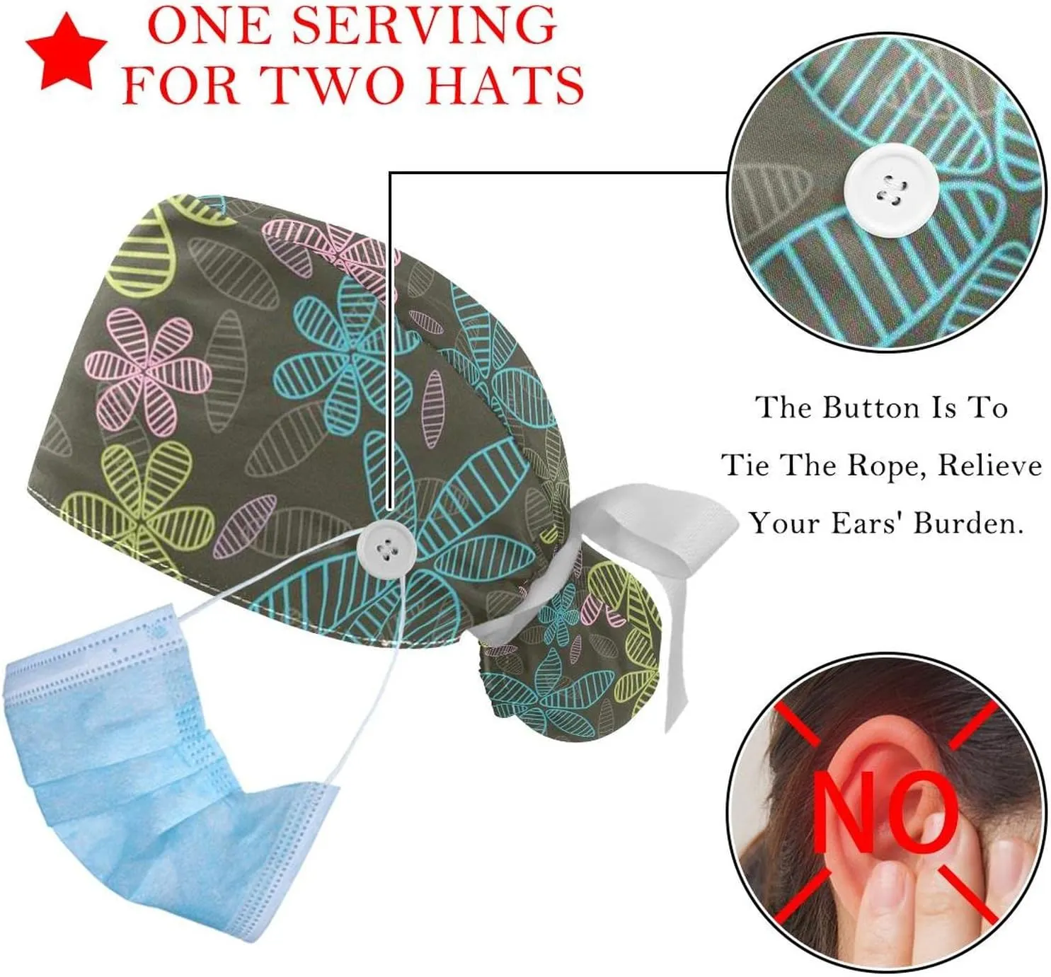 Working Hat with Buttons & Ribbon Ties for Women 2 Packs, White Lily Floral Adjustable Unisex Surgical Scrub Caps